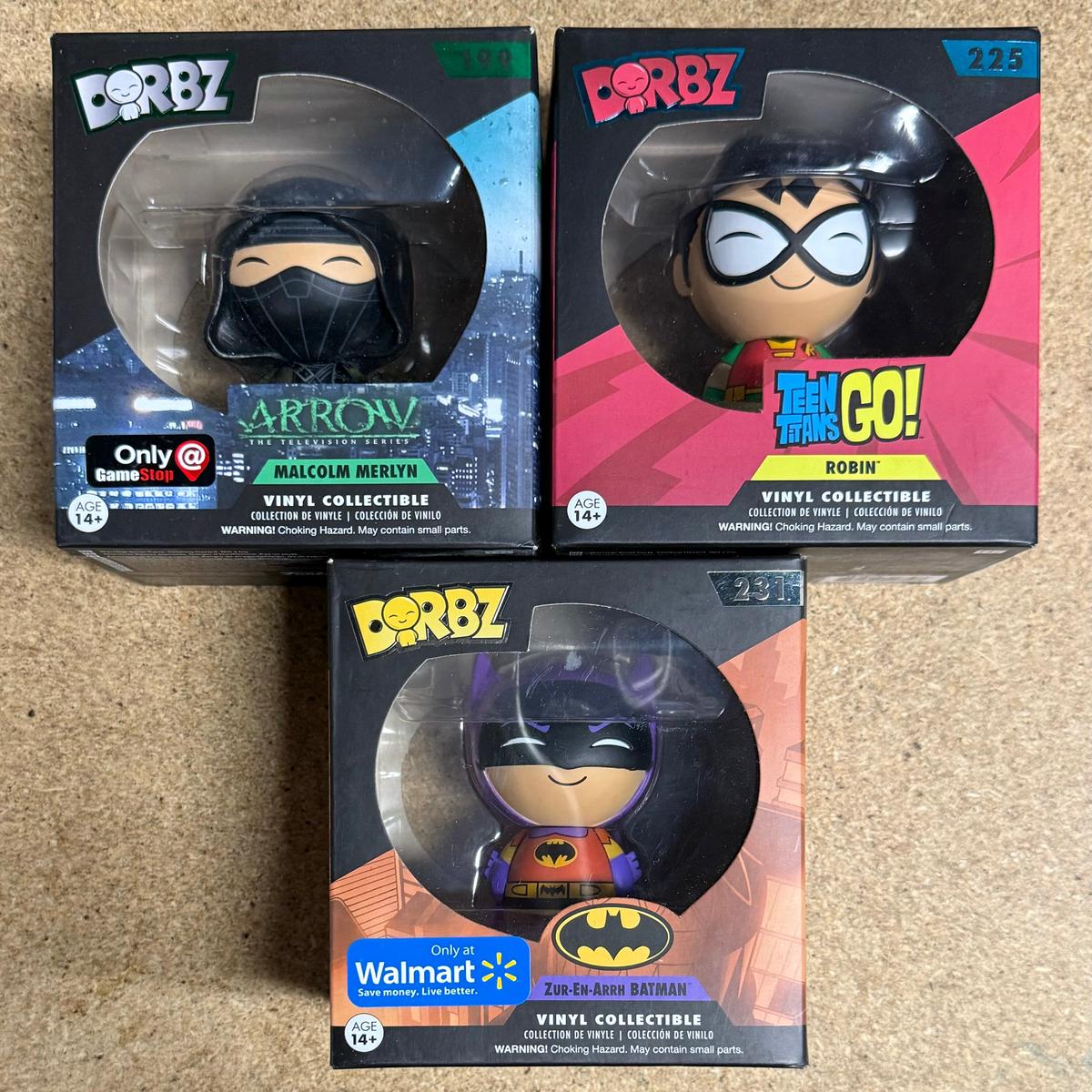 DC Funko Dorbz Set - Arrow Malcolm Merlyn, Robin & Zur-En-arrh Batman Exclusive Lot Of 3